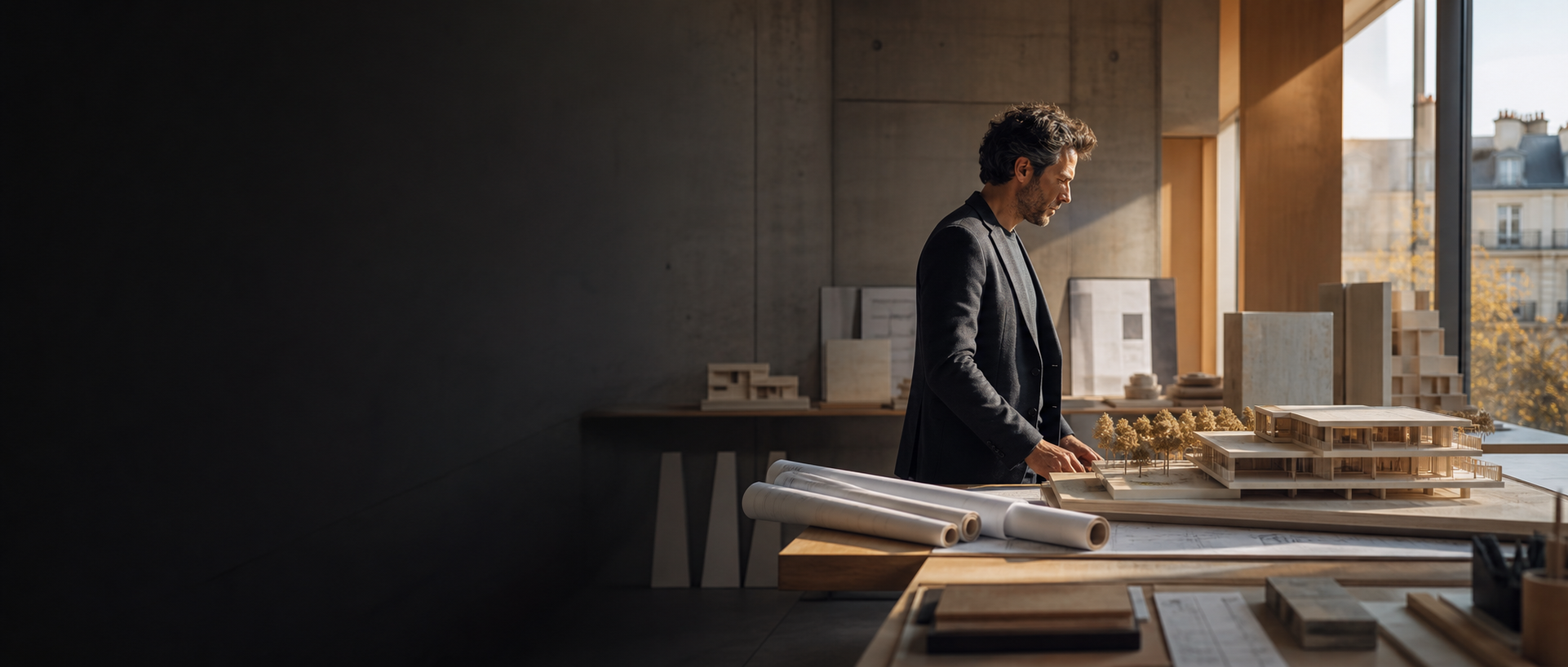 Architecte étudiant une maquette dans son atelier